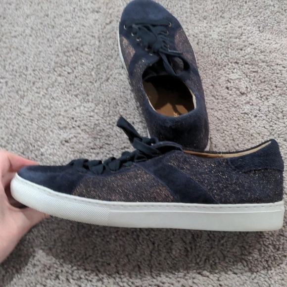 Trask Lindsey Leather Suede Sneakers Navy Blue with Rose Gold Metallic shimmer 8 - Picture 4 of 8